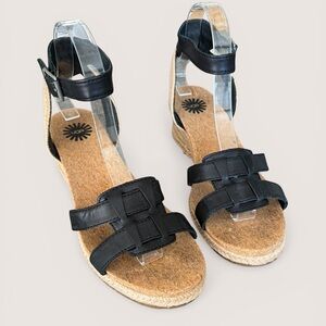 UGG Black Leather Espadrille Wedge Sandals